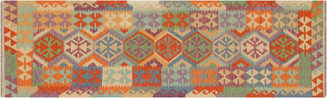 Flat Weave Kilim, Antique, Navaho, Vintage, Handmade, Geometric Kilim Rust Blue Hand-Woven Runner 100% Wool Area Rug 3 x 10
